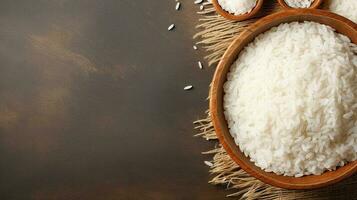 Rice on the table. Web banner with copy space. Generative AI photo