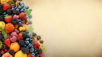 Fresco frutas, comida antecedentes. web bandera con Copiar espacio. generativo ai foto