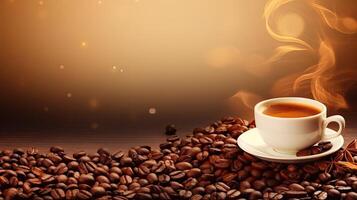 Cup of coffee, espresso, beans. Web banner with copy space. Generative AI photo