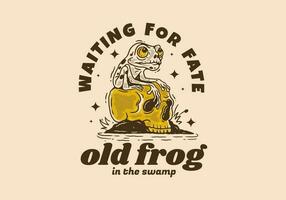 Old frog waiting for fate, Mascot character design of frog perched on the skull vector