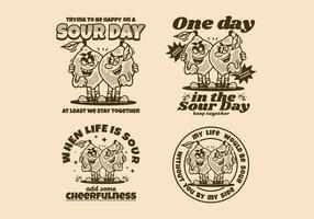 Four t-shirt design of Two lemons mascot character illustration in vintage style vector