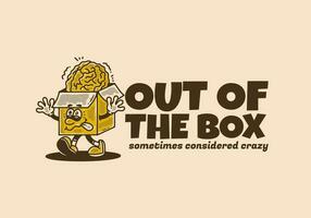 fuera de el caja, mascota personaje de un cartulina caja con un humano cerebro en eso vector