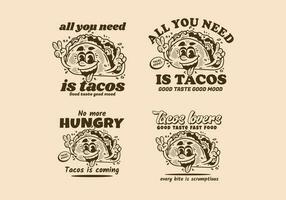 cuatro estilo de mascota personaje ilustración de tacos con contento cara vector