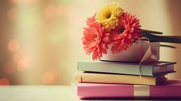 A stack of books with a flower vase. Web banner with copy space. Generative AI photo