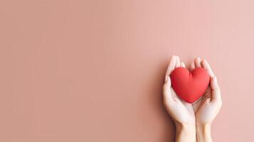 A pair of hands holding a heart. Web banner with copy space. Generative AI photo