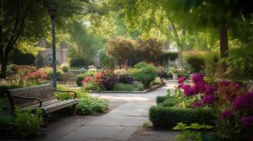 A garden with flowers trees and benches. Generative AI photo