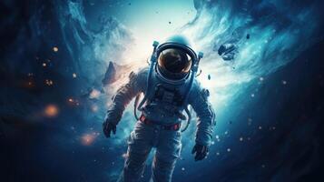 Astronaut in space, cosmos. Web banner with copy space. photo