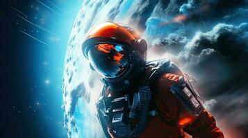 Astronaut in space, cosmos. Web banner with copy space. Generative AI photo
