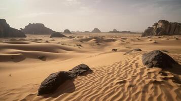 A desert with sand dunes and rock formations. photo