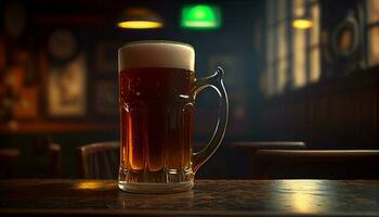 vaso jarra de cerveza con espuma en un bar, pub, cervecería. lager beber, medio litro, alcohol de cerca. generativo ai foto