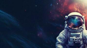 astronauta en espacio, cosmos. web bandera con Copiar espacio. generativo ai foto