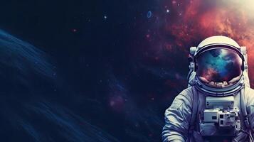 Astronaut in space, cosmos. Web banner with copy space. Generative AI photo