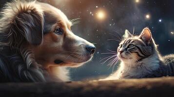 Dog and cat, cute pets. Web banner with copy space. Generative AI photo