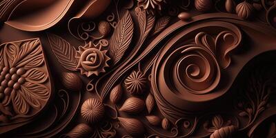 Close-up of delicious dark chocolates drops, cookie and dessert. Flat lay pattern on a brown background. Top view. photo
