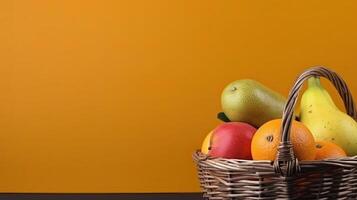 A basket of fresh fruit. Web banner with copy space. Generative AI photo