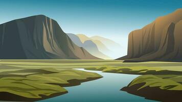 Vector illustration of beautiful canyon landscape with creek