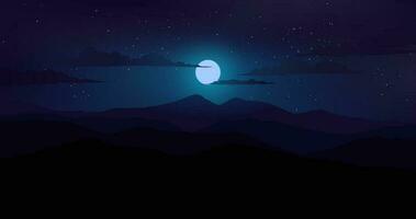 hermosa calma noche terminado montañas con nubes, Luna y estrella vector