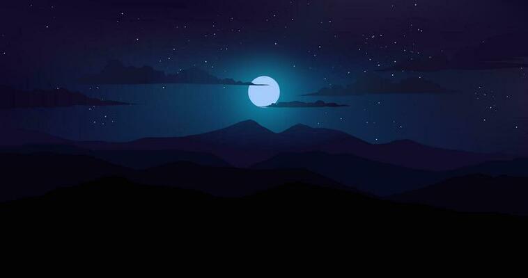 Beautiful calm night over mountains with clouds, moon and star