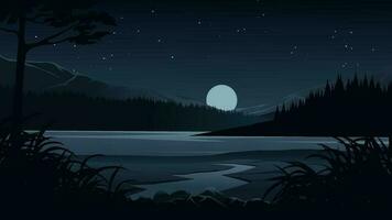 Vector illustration of beautiful starry night with mountain, lake and full moon