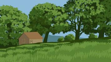 Vector countryside landscape illustration with cabin and trees