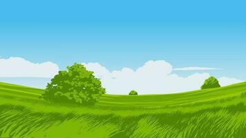 Vector illustration of green field landscape with trees