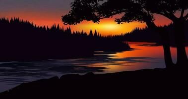 vector ilustración de hermosa calma puesta de sol a río