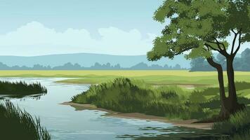 Vector rural countryside landscape with river