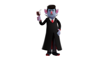 3d ilustração. bonito homem 3d desenho animado personagem. homens vestem Drácula fantasias para ir para uma Festa. Drácula quem ficou enquanto colocando 1 mão em a cintura e detém uma vidro do vinho. 3d desenho animado personagem png