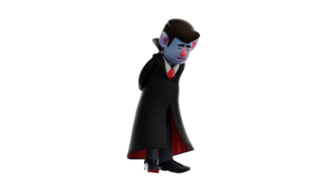 3d illustration. obéissant dracula 3d dessin animé personnage. dracula se tenait en haut et montré une pose à la recherche bas. dracula visages Quelqu'un il est respectueux. dracula les usages une luxueux peignoir. 3d dessin animé personnage png