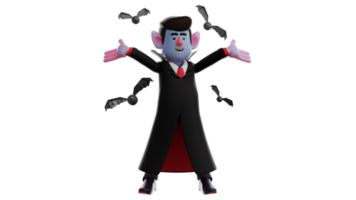 3D Illustration. Handsome Vampire 3D Cartoon Character. The vampire looks happy by stretching his hands. Vampire stands and surrounded by many bats that have. 3D cartoon character png