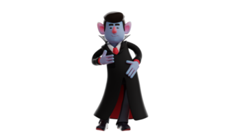 3D Illustration. Funny Dracula 3D cartoon character. Dracula is dancing and lining up his hands. The sweet Dracula seems happy to do his activities. 3D cartoon character png