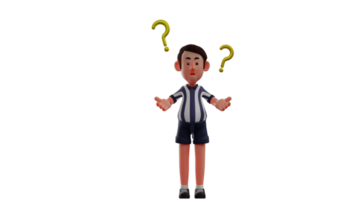 3D illustration. Confused Referee 3D Cartoon Character. Referee with two questions next to it. A handsome referee who wonders about something he doesn't know yet. 3D Cartoon Character png