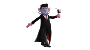 3d illustration. dracula 3d dessin animé personnage. dracula avec une pose fait un pas et amené une verre de du vin. une Beau vampire marchait tandis que montrant le sien content sourire. 3d dessin animé personnage png