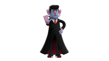 3D Illustration. Cool Dracula 3D cartoon character. Dracula stood up and put one hand on the waist. Dracula stopped something by pointing one hand forward. 3D cartoon character png