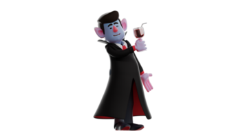 3d illustration. Häftigt dracula 3d tecknad serie karaktär. dracula deltog en fest. dracula stod upp bärande en glas av vin i hans hand. dracula är talande med hans vän. 3d tecknad serie karaktär png