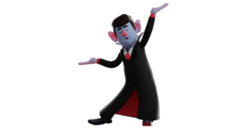 3D illustration. Vampire 3D Cartoon Character. The vampire is dancing with his hands up. A handsome vampire who closed his eyes enjoying the atmosphere. 3D Cartoon Character png