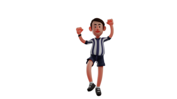 3D illustration. Happy Referee 3D Cartoon Character. Referee was jumping up and down while clenching his fists. The cheerful referee was happy for the match that had taken place. 3D Cartoon Character png