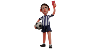 3d illustratie. boos scheidsrechter 3d tekenfilm karakter. scheidsrechter staat Holding de bal. scheidsrechter verheven een rood kaart net zo een straf voor Amerikaans voetbal speler wie plegen overtreding. 3d tekenfilm karakter png