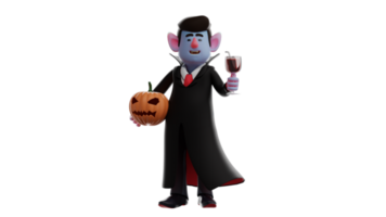 3D Illustration. Cool Men 3D cartoon character. Men came to the Halloween party wearing Dracula costumes. Dracula stood up while holding the Halloween pumpkin. 3D cartoon character png