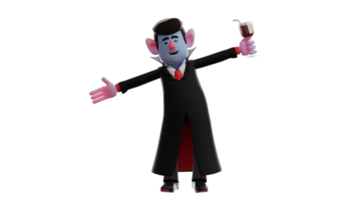 3D Illustration. Vampire 3D cartoon character. Vampire stretched his hands to welcome someone who came to his party. The vampire holds a glass of wine and shows his happy smile. 3D cartoon character png