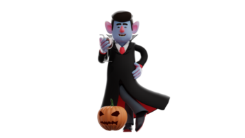 3D Illustration. Charming Dracula 3D cartoon character. Dracula stood with the Halloween pumpkin in front of him. Dracula was smiling while holding a glass of his favorite wine. 3D cartoon character png