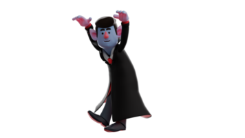 3D illustration. Fun Dracula 3D Cartoon Character. Dracula took a strange pose. Dracula raised his hands and tried to scare someone he met. 3D Cartoon Character png