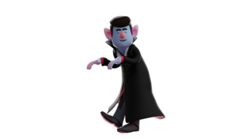 3D illustration. Cute Dracula 3D Cartoon Character. Dracula with a stealthy pose walking somewhere. Dracula smiled and showed his playful face. 3D Cartoon Character png