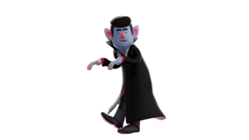 3d illustratie. schattig dracula 3d tekenfilm karakter. dracula met een heimelijk houding wandelen ergens. dracula glimlachte en liet zien zijn speels gezicht. 3d tekenfilm karakter png