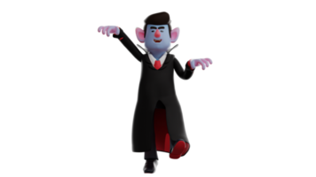 3d Illustration. Dracula 3d Karikatur Charakter. Dracula ist jagen jemand im Vorderseite von ihn. Dracula sieht aus sehr gruselig. Dracula im seine unheimlich Kleidung. 3d Karikatur Charakter png