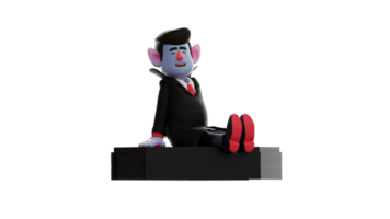 3d Illustration. entspannt Dracula 3d Karikatur Charakter. Dracula saß Nieder während genießen das Umgebung Situation. Dracula lächelte genießen seine sich ausruhen Zeit. 3d Karikatur Charakter png