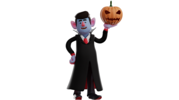 3D Illustration. Awesome Vampire 3D cartoon character. Vampire stood up while raising the Halloween pumpkin with one hand. Vampires smiled and happy to attend the Halloween party. 3D cartoon character png