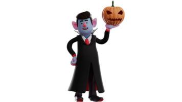 3d Illustration. genial Vampir 3d Karikatur Charakter. Vampir stand auf oben während erziehen das Halloween Kürbis mit einer Hand. Vampire lächelte und glücklich zu besuchen das Halloween Party. 3d Karikatur Charakter png