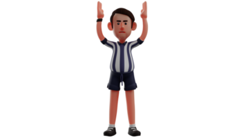 3D illustration. Decisive Referee 3D Cartoon Character. The referee stands and raises both hands forward. The ball match referee will start today's game. 3D Cartoon Character png