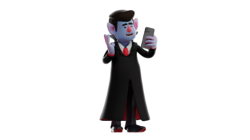 3D Illustration. Friendly man 3D cartoon character. Men is talking to someone on the phone. Men wear vampire costumes and plan to go to a party. 3D cartoon character png